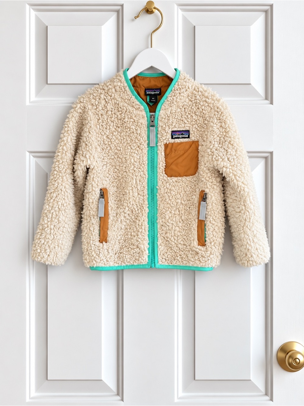 Patagonia Kids 2T Cream Sherpa Fleece Jacket Turquoise Retro Pile Full Zip
